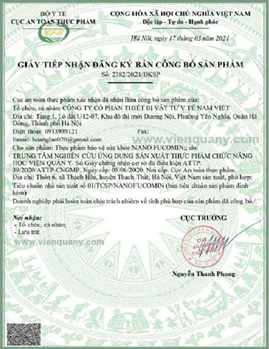 Giấy đăng ký lưu hành Nano Fucomin Học Viện Quân Y
