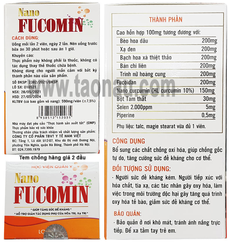 Thành phần và công dụng Nano Fucomin Học Viện Quân Y